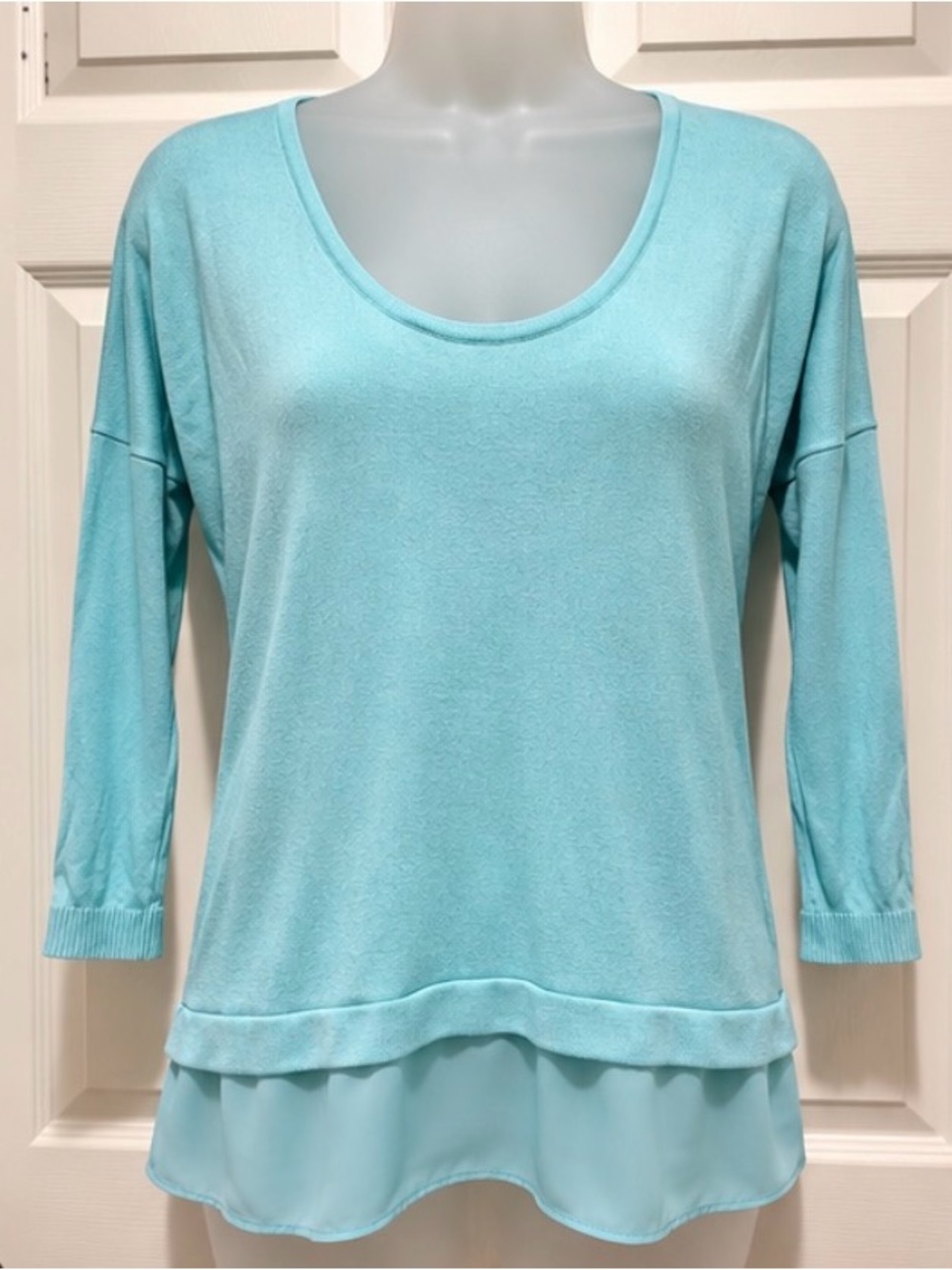 Express Aqua Blue Layered Chiffon Hem Knit Top Tunic Medium Y2K Coastal Chic HTF